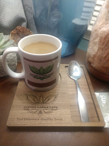 Our Signature Square Reishi Tray with space for our reishi coffee, tea or hot cocoa with space for your spoon or tea strainer.